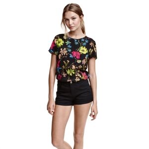 H&M Blouse Black‎ With Vibrant Neon Flowers Size 2